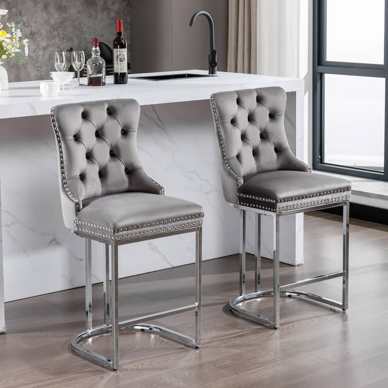 Counter Height Bar Stools Set of 2, Velvet Upholstered Accent Chairs with Button Back, Rivet Trim and Chromed Metal Base Legs - Grey