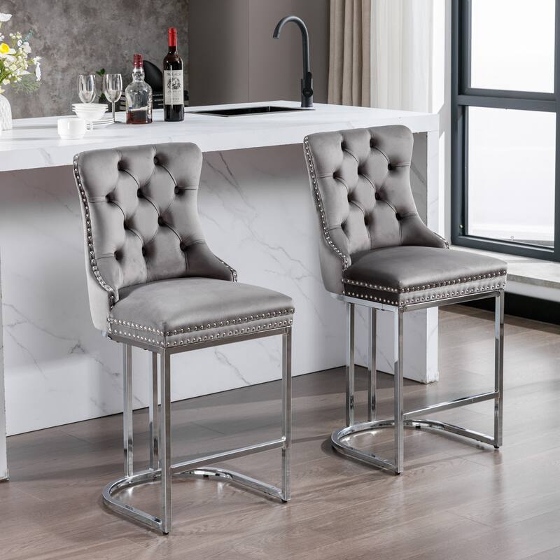 GDF Studio - Riveton Modern Velvet Upholstered 26" Counter Height Bar Stools with Button Tufted Back & Rivet Trim (Set of 2)