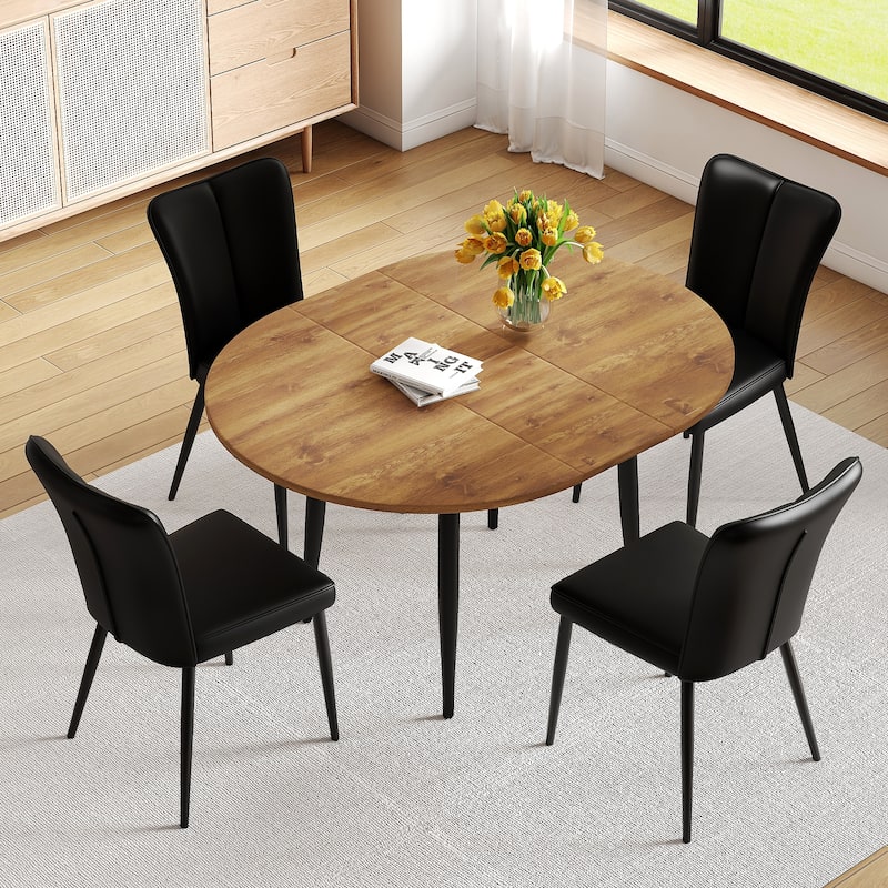 5-Piece Modern Extendable Dining Table Set, MDF Wood Table & 4 PU Chairs for Flexible Gatherings