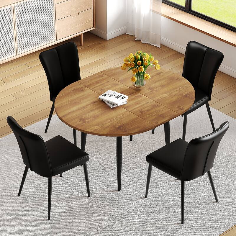 Modern Extendable Dining Table Set for 4/6 People with Faux Leather Chairs, 5 Piece/7 Piece Space-Saving Wood Dining Table Set