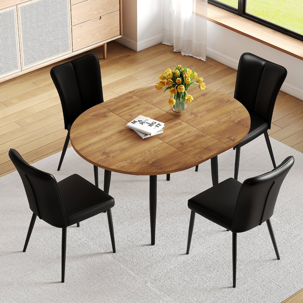 Wood Kitchen Table Set with 4 Vertical Stripe Chairs, 5-Piece Round Dining Set with Extendable Dining Table