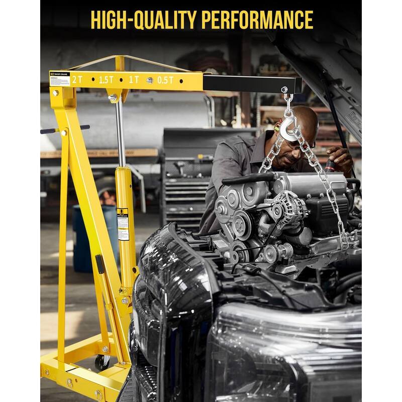 2-Ton Shop Crane, Hydraulic Folding Engine Hoist w/6 Steel Casters - Yellow without Lever