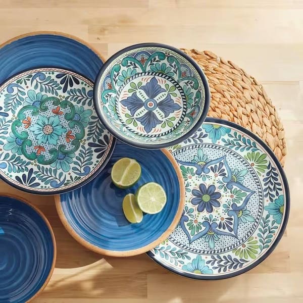 slide 2 of 4, 12-Piece Melamine Dinnerware Plates Bowls Set with Blue Floral Pattern - 12 x 12 x 12 inches Multi