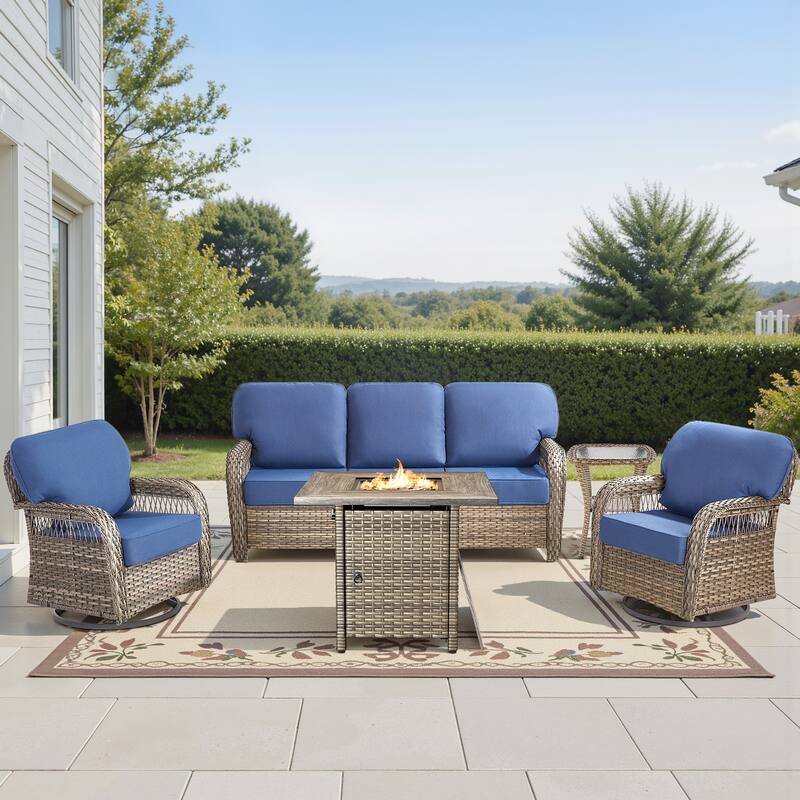 Pocassy Outdoor Sofa Ottoman Swivel Chair Table with Fire Table Funiture Set. - Gray Wicker Blue Cushion - 5-Piece Sofa Swivel Chair Table w/ Fie Pit Table