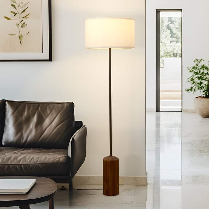 Brightech Oren LED Walnut Brown Wood Midcentury Super Bright Floor Lamp with Cream Cotton Drum Shade