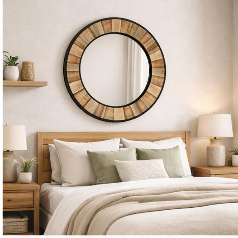 Rectangular wall-mounted mirror with a wood and metal frame, suitable for decorating living rooms and entryways