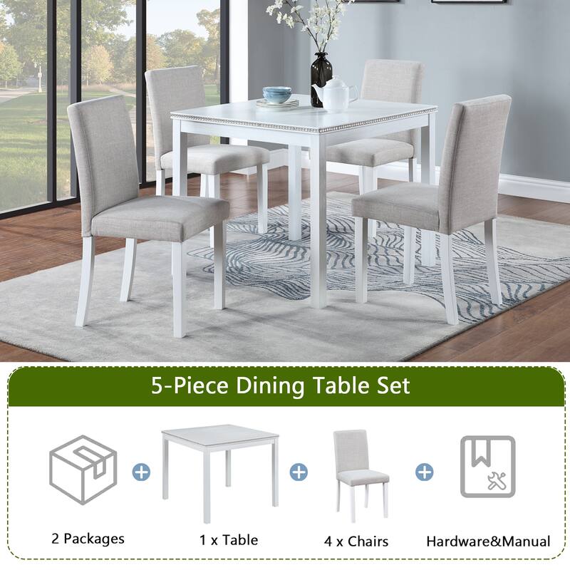 5-Piece, Modern Dining Table Set with Crystal Decorations and 4 Dining Chairs, for Kitchens and Dining Rooms, White