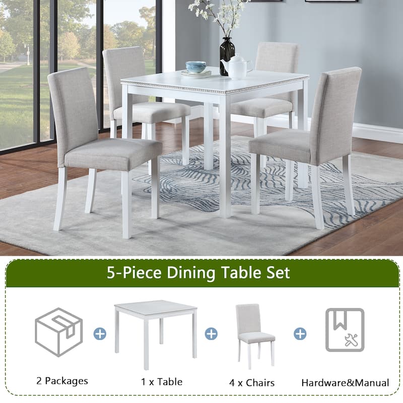 GDFStudio - Hamilton 5-Piece Classic Crystal Tabletop Square Wooden Dining Table Set with 4 Upholstered Dining Chairs