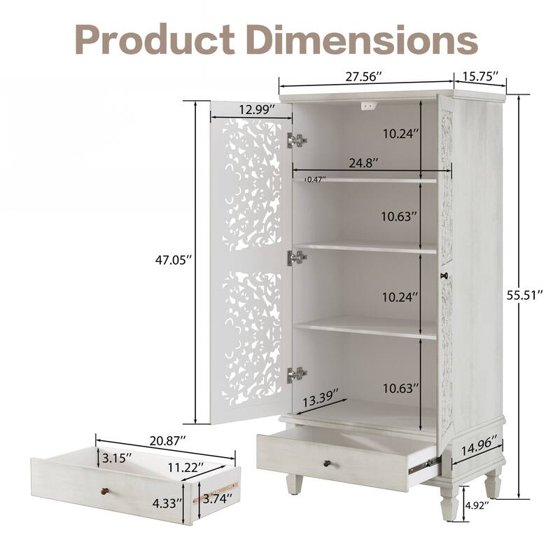 Tall Storage Cabinet with Drawer, Decorative 2-Door Carved Wood Accent Cabinet