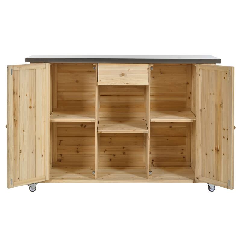 Outdoor Kitchen Island Fir Wood Kitchen Island with Stainless Steel Top, Ample Storage Space