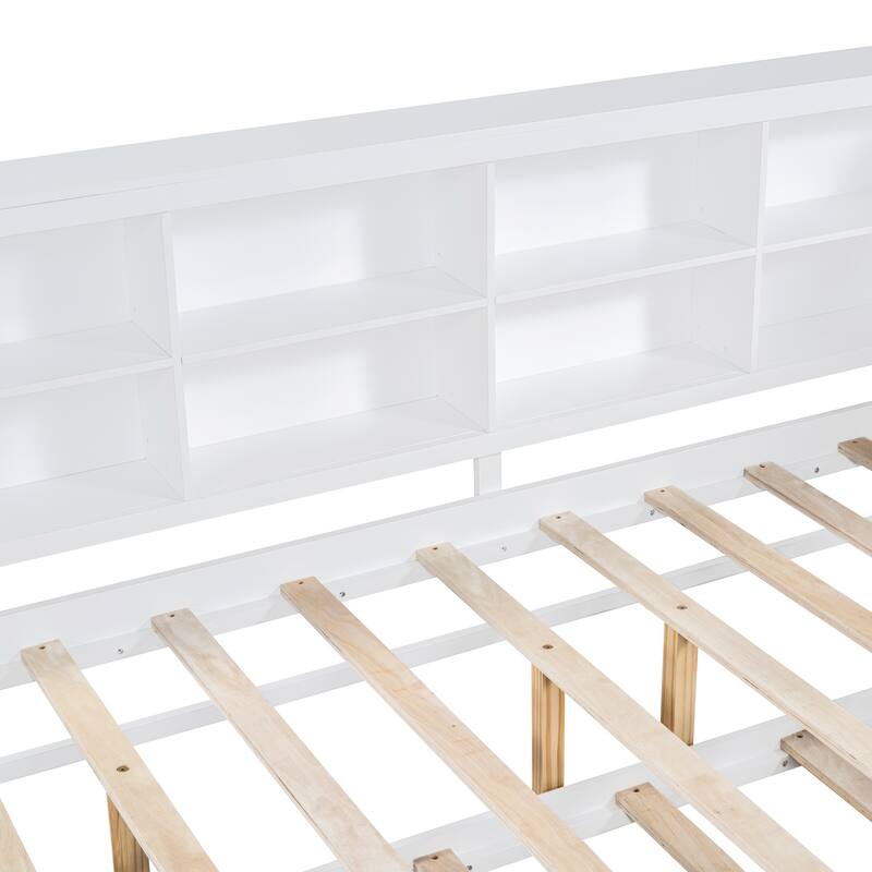 White Wooden Full Size Daybed with Twin Trundle & Storage Shelf