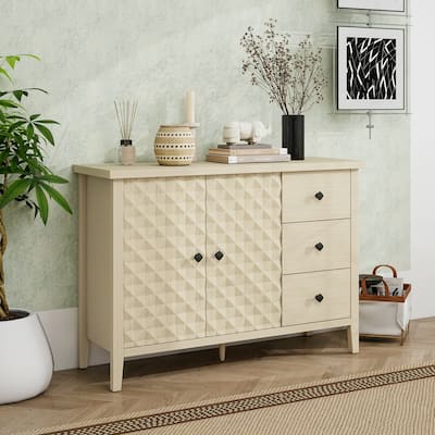 Buffet Cabinet with 2 Embossed Doors, Kitchen Wooden Storage Cabinet, Accent Cabinet with 3 Drawers & Adjustable Shelves