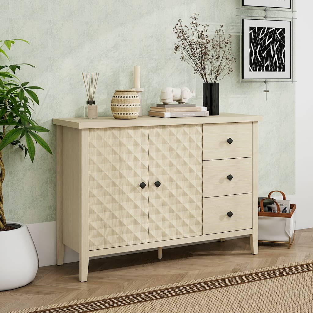 Buffet Cabinet with 2 Embossed Doors, Kitchen Wooden Storage Cabinet, Accent Cabinet with 3 Drawers & Adjustable Shelves