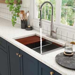 Undermount Single Bowl 16 Gauge Nano Stainless Steel Workstation Kitchen Sink with Pull Down Kitchen Faucet and Accessories