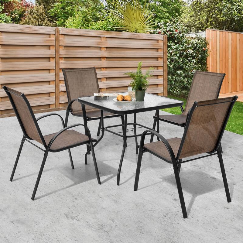 5-Piece Outdoor Dining Set, Textilene Stackable Chairs and Umbrella Hole