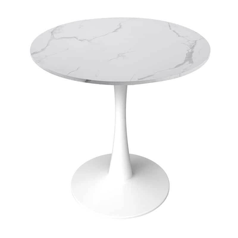 Bristol 35" Round Dining Table with Modern Glass, MDF or Sintered Stone - Sturdy Steel Pedestal Base for Kitchen, Dining, Cafe - Beveled - Marbled White