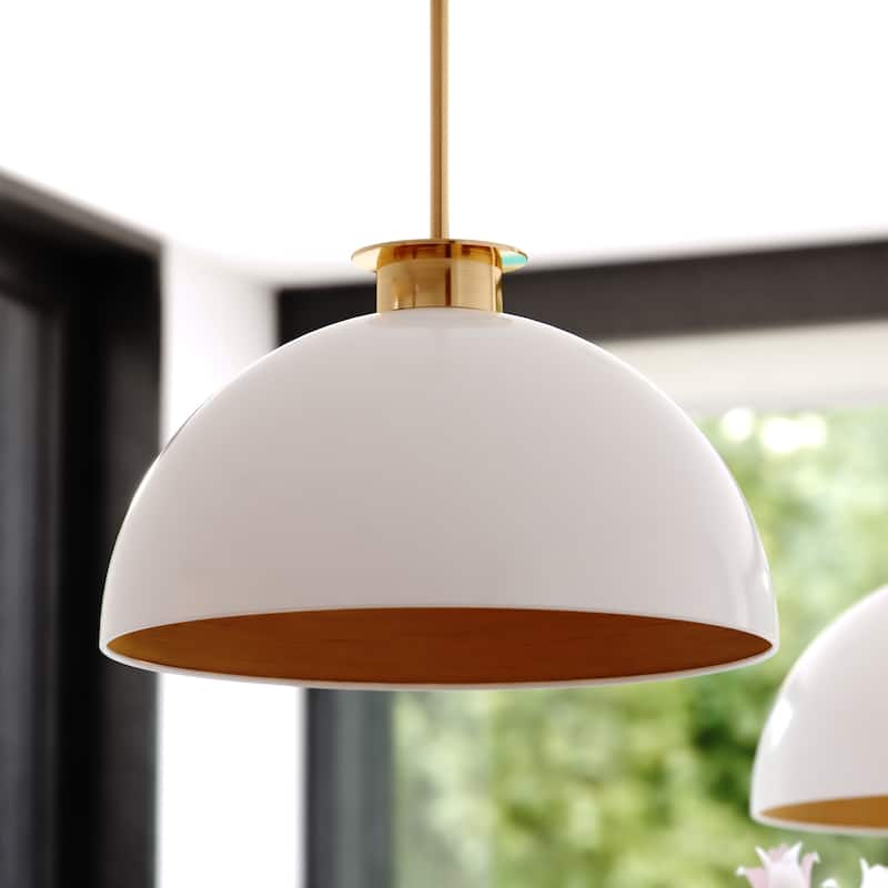 Devon 1L LED Compatible Mid-Century Modern Pendant Light - Glossy White and Satin Brass - 15.75-in W x 15.5-in H x 15.75-in D