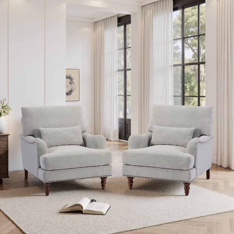Set of 2 Mid Century Chenille Upholstered Accent Chairs - Chenille - Light Grey