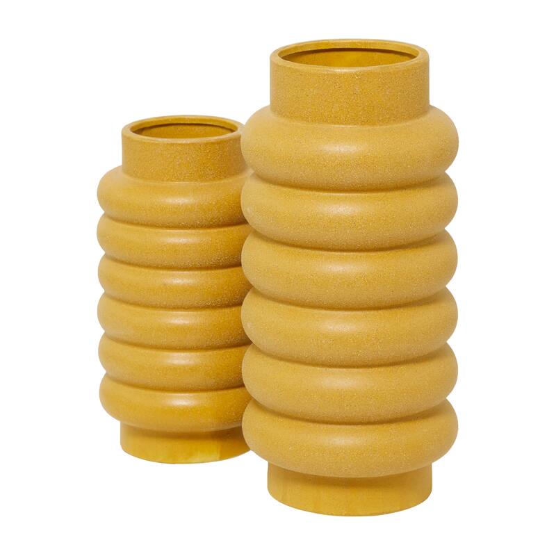 CosmoLiving by Cosmopolitan Ceramic Vases with Eye-Catching Ring Ribbing (Set of 2) - Yellow, White, Dark Blue