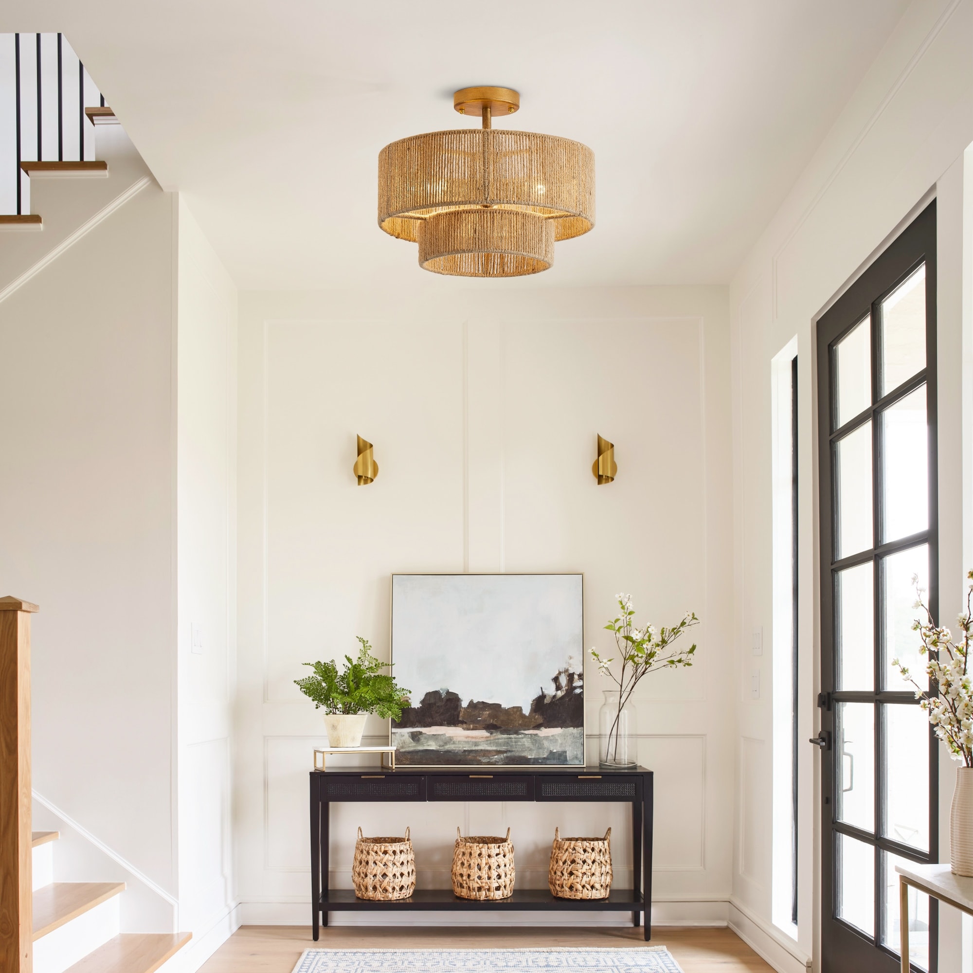 Bohemian Brown Hemp Rope 3 Light Semi Flush Mount Ceiling Light 15.4 W x 12.6 H