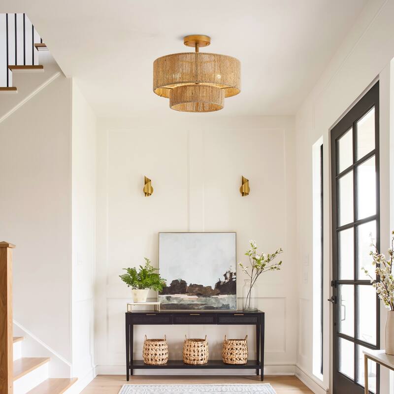 Bohemian Gold Natural Handmade Jute Rope 3-Light Two-Tier Drum Semi-Flush Mount Ceiling Light - 15.4"Wx12.6"H