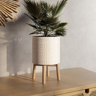 Boho Metal Planter Pot With 4-Leg Wood Base - White & Gold