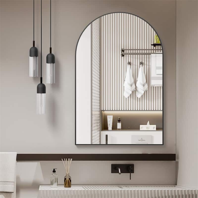24"x32" Metal Framed Arched Mirror with Shatterproof Film and Hooks - Black