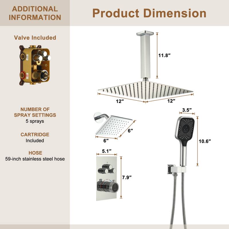 Celling 12 Inch Rainfall Shower Head 3 Function Thermostatic Shower System