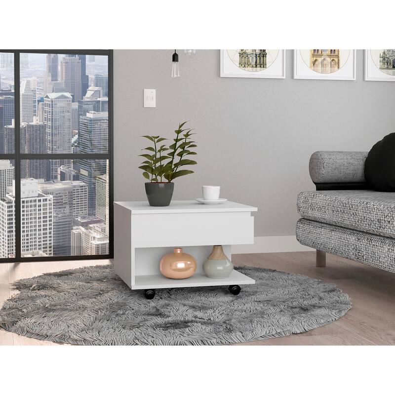 FM Furniture Portland Lift Top Coffee Table with Open Shelf and 4 Locking Caster Wheels
