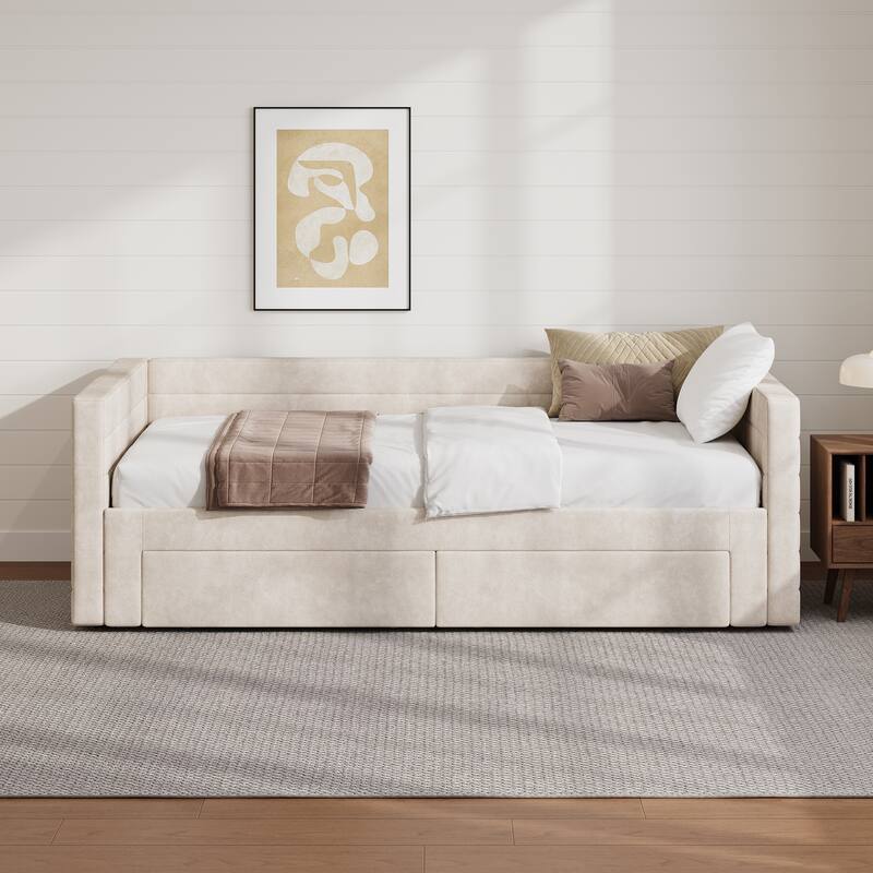 Tufted Upholstered Daybed with Pull-Out Expansion & 2 Hidden Drawers by Harper&Bright Designs