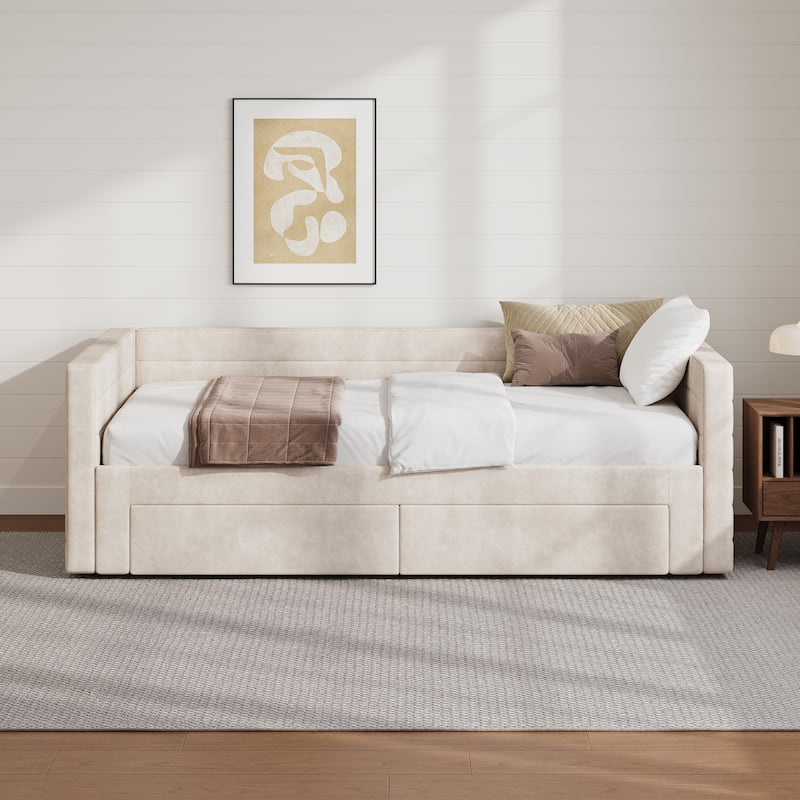 Twin Size Upholstered Bed Extendable Daybed Frame Twin to King Design Chenille Fabric Sofa Bed with Trundle and Storage Drawers