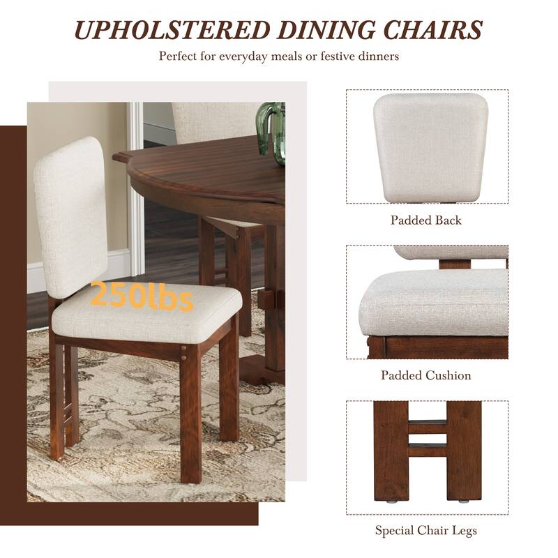 78'' Extendable Wood Dining Table Set for 6 with Bench, Removable Leaf and 4 Upholstered Dining Chairs