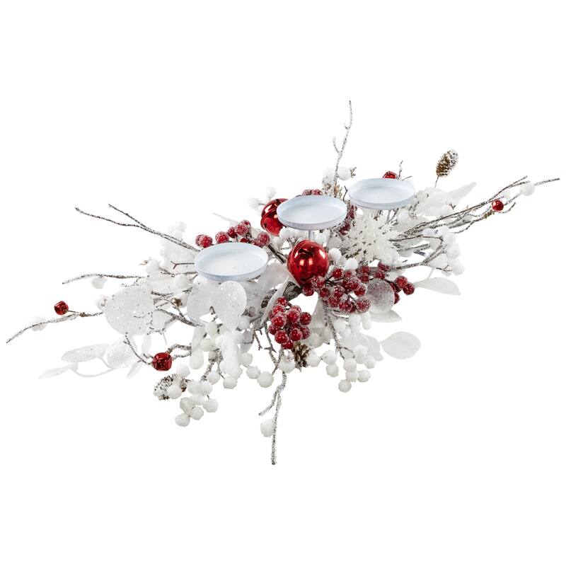 Berries and Snowflakes Christmas Pillar Candle Holder - 24" - Red and White