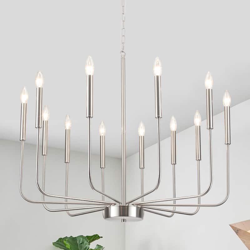 12-Light W32.08" x H70.07" Rustic Candle Chandelier for Dining Room Bedroom - Nickel