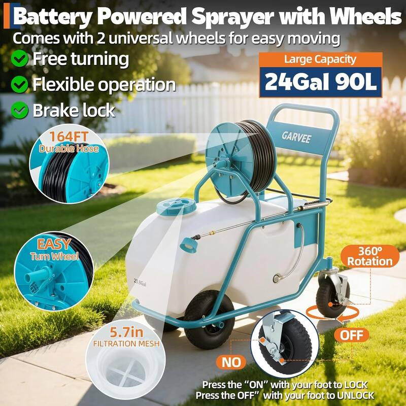 24 Gallons Battery Powered Backpack Sprayer with Wheeled Cart, 6 Nozzles & 2 Wands - N/A