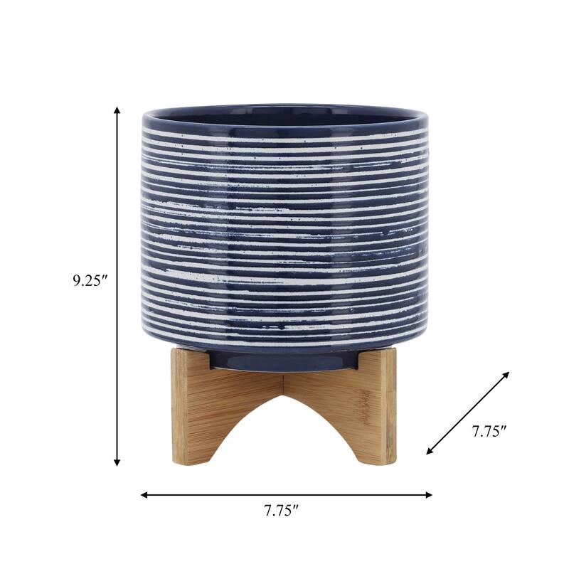 Sagebrook Home Striped Ceramic Planter with Wooden Stand Indoor/Outdoor