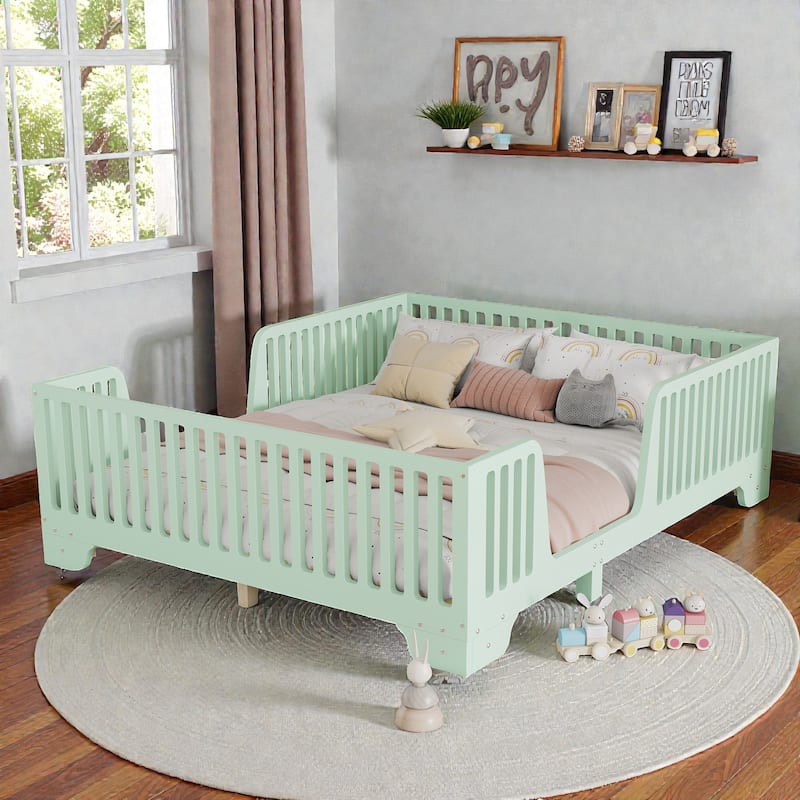 Montessori Floor Bed with Fence and Door, Kids Floor Bed Frame with Slats, No Box Spring Needed