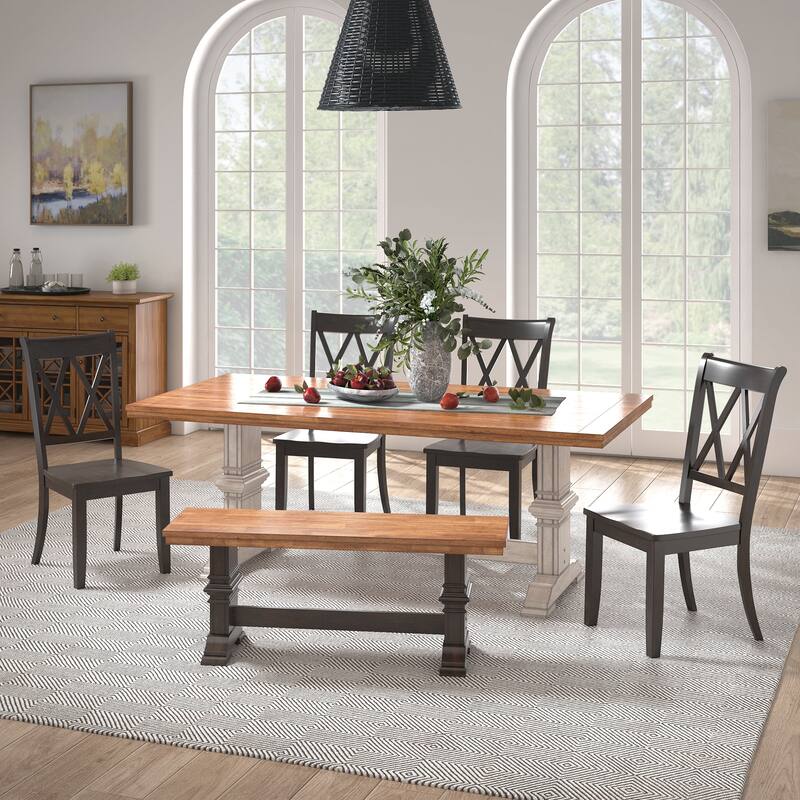 Ronda 78.7" Rectangular Solid Wood Top Dining Set with X-Back Chairs - Antique White Table - Antique Black Chairs and Bench