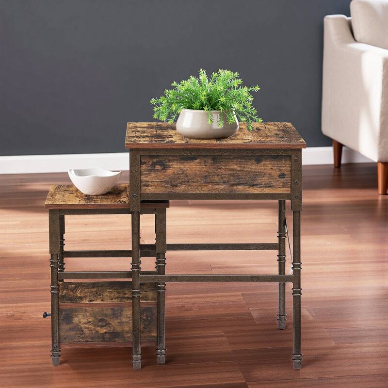 VECELO Small Coffee Table Set of 2, Coffee Table with Steel Frame, Side End Table for Living Room - Brown