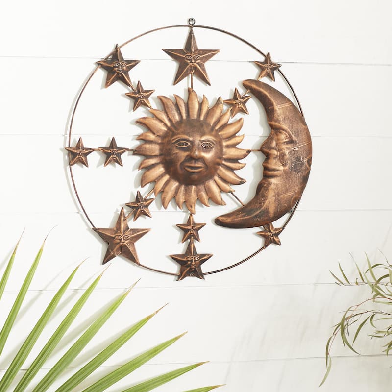Metal Sun and Moon Indoor Outdoor Home Wall Decor with Stars - Bronze - Roche River Decor