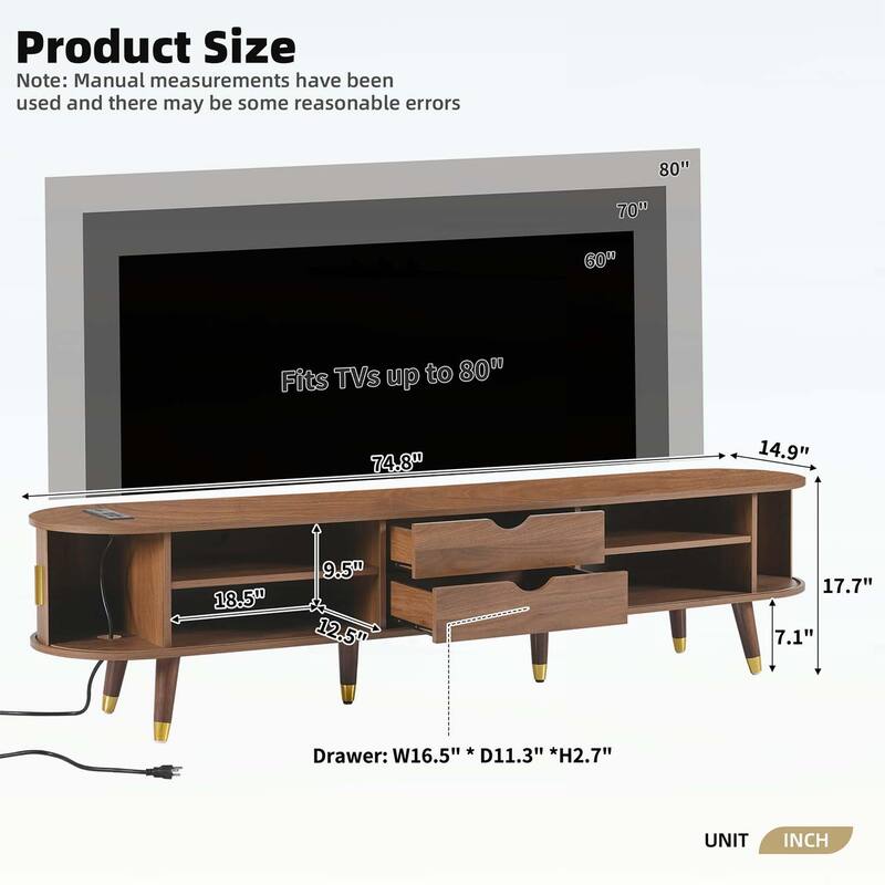 Mid-Century Wooden Oval Fluted TV Stand with Charging Station,Sliding Tambour Door