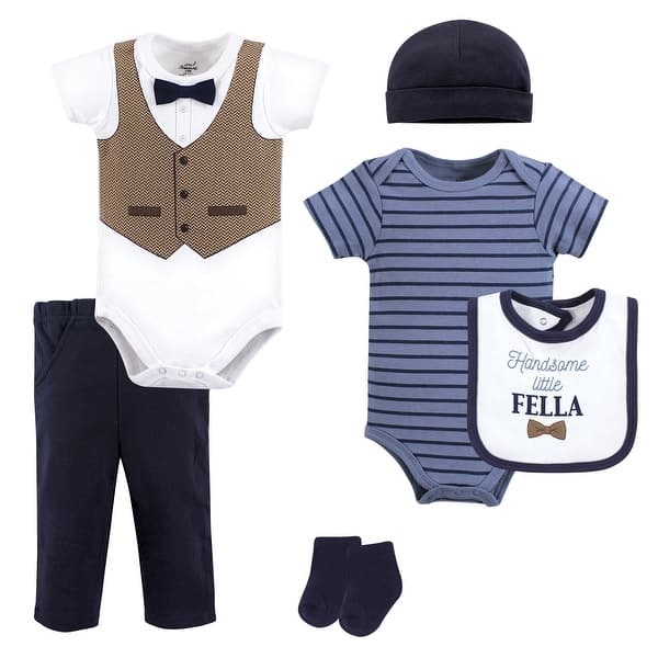 slide 1 of 1, Hudson Baby Infant Boy Cotton Layette Set, Herringbone Little Fella 9-12 Months - Herringbone Little Fella