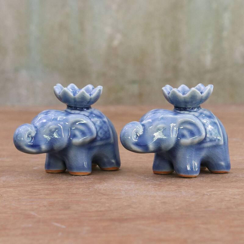 NOVICA Handmade Lotus Elephant In Blue Ceramic Incense Holders (Pair) Thailand - 2.2" H x 1.8" W x 3.1" D