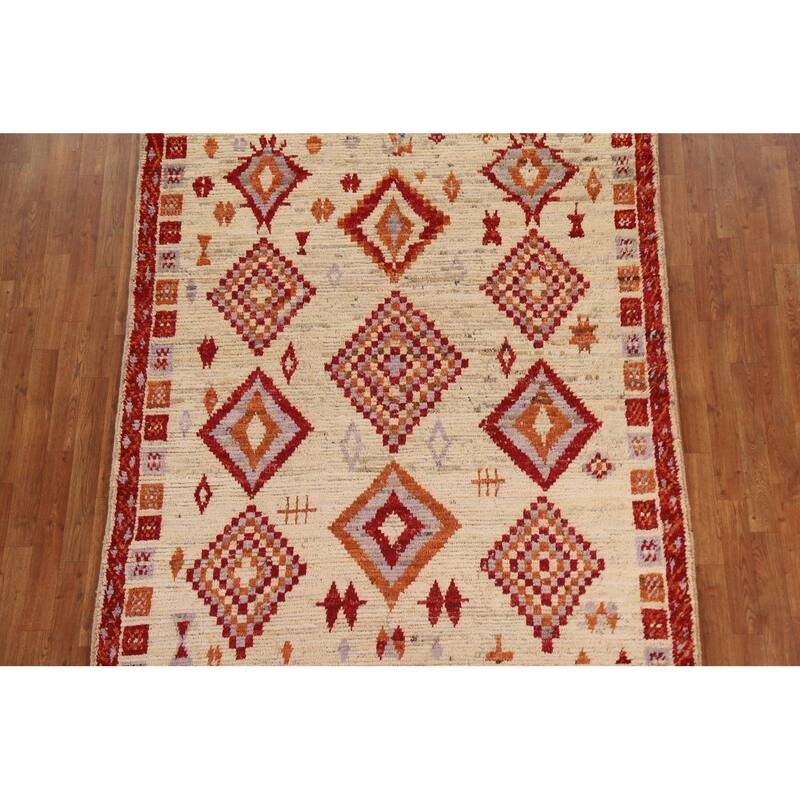 Hand Knotted Oriental 100% Wool Carpet Modern Tribal Beige & Ivories Moroccan Area Rug - 7' 10'' X 5' 9''