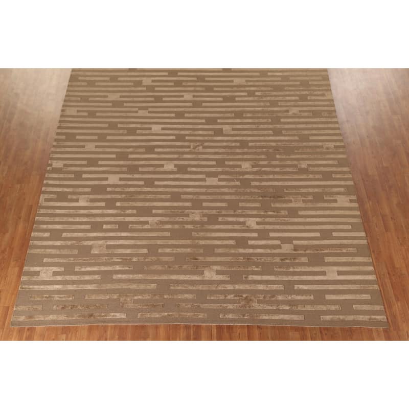Striped Nepalese Modern Large Area Rug Hand-Knotted Wool Carpet - 10'0" x 13'8"