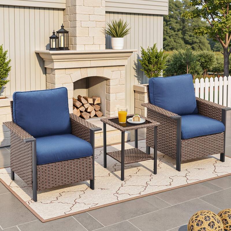 Pocassy Outdoor Wicker 3-Piece Swivel Chair with Side Table - Brown Wicker Blue Cushion - 3-Piece Swivel Chair with Side Table