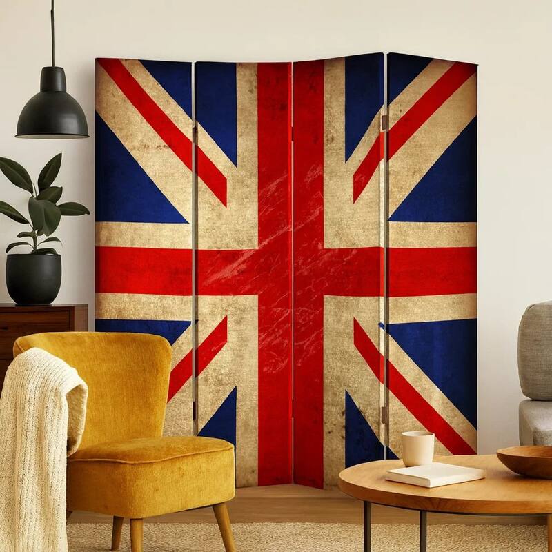 Alfie 71 Inch Folding Screen Room Divider, Union Jack Printing, 4 Panels