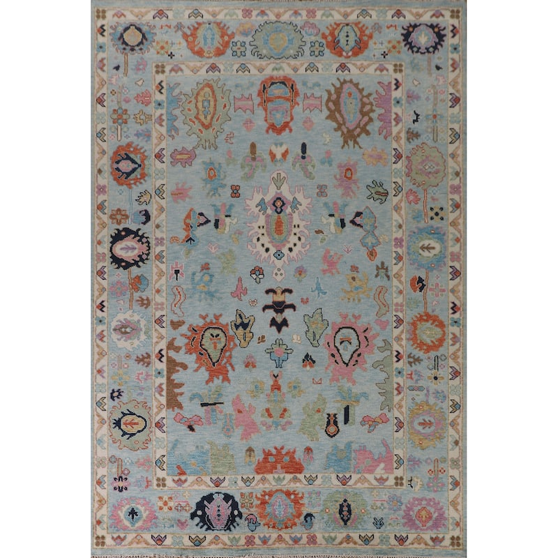 Light Blue Oushak Rug Hand-Knotted Wool Carpet - 8'11" x 11'8"