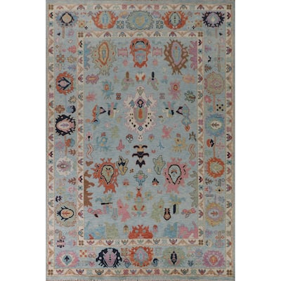 Light Blue Oushak Rug Hand-Knotted Wool Carpet - 8'11" x 11'8"