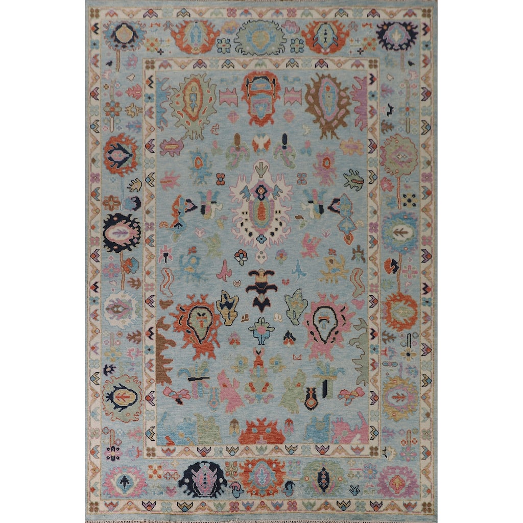 Light Blue Oushak Rug Hand-Knotted Wool Carpet - 8'11" x 11'8"